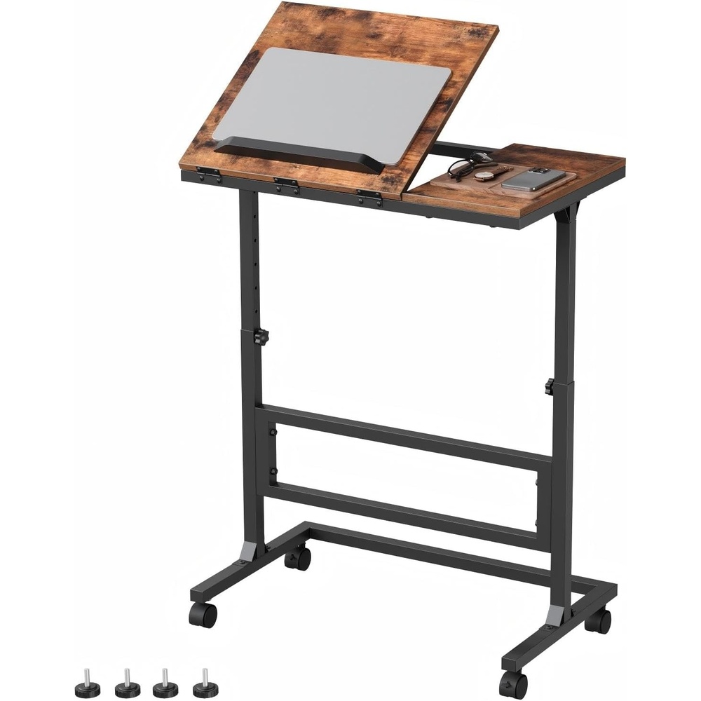 image:imageHOOBRO C Shaped End Table Adjustable Height Rolling Desk for CouchRustic Brown Black